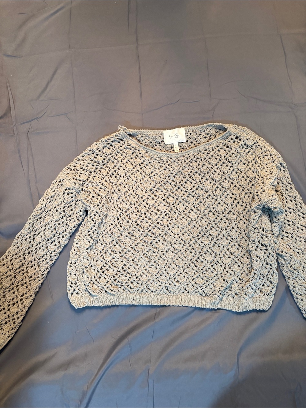 Jessica Simpson Light Gray Open-Knit Crewneck Sweater